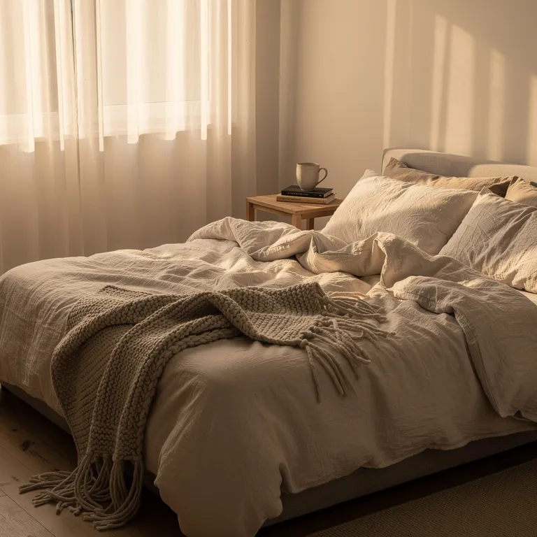 A cozy bedroom with linen sheets in warm morning sun