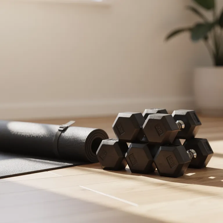 A sunlit home gym corner with dumbbells and a yoga mat
