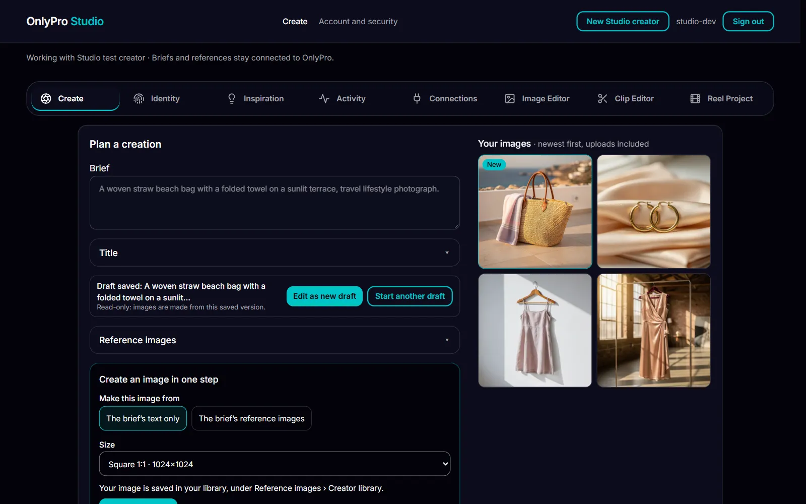 OnlyPro Studio right after an image is made: the new image arrives first in Your images, marked New