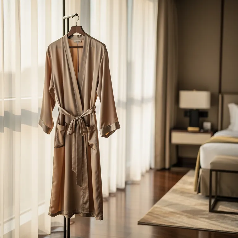 A silk robe by the window of a hotel suite