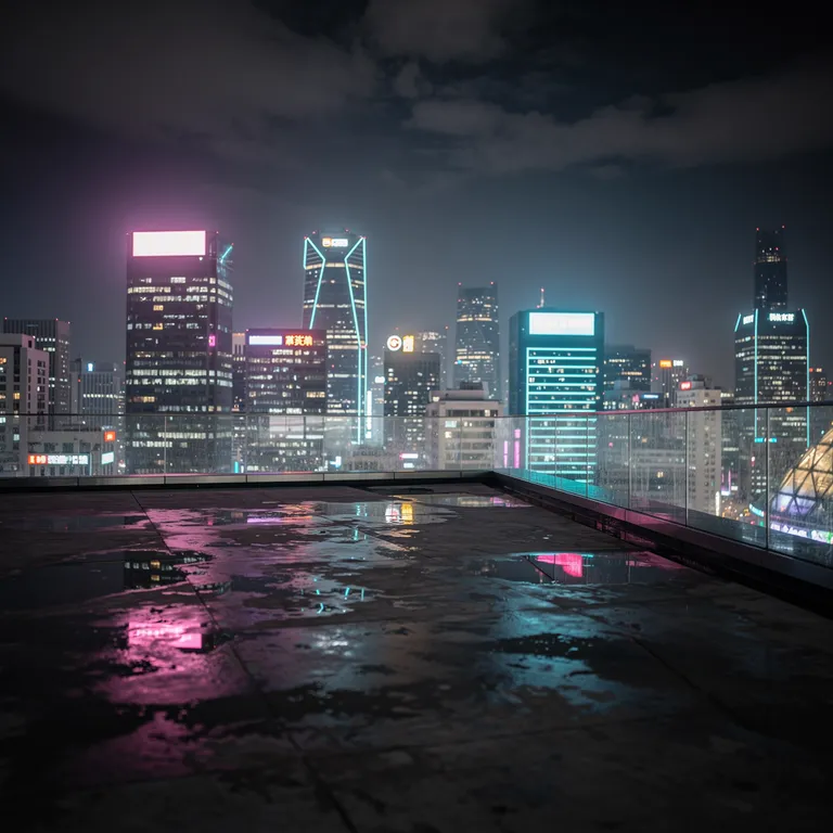 A rooftop at night over a neon city skyline